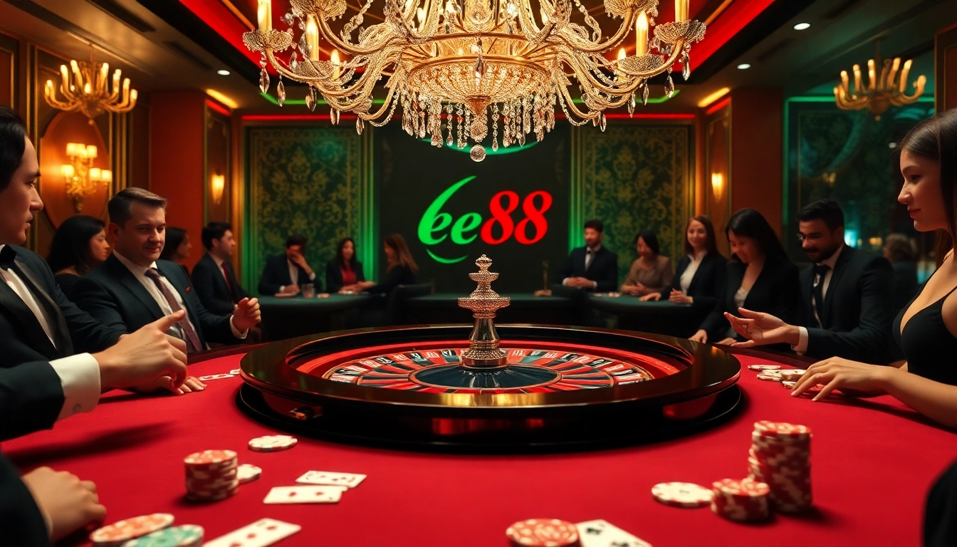 Sophisticated casino scene showing the layout of sơ đồ trang web ee88 with gamblers at a roulette table.