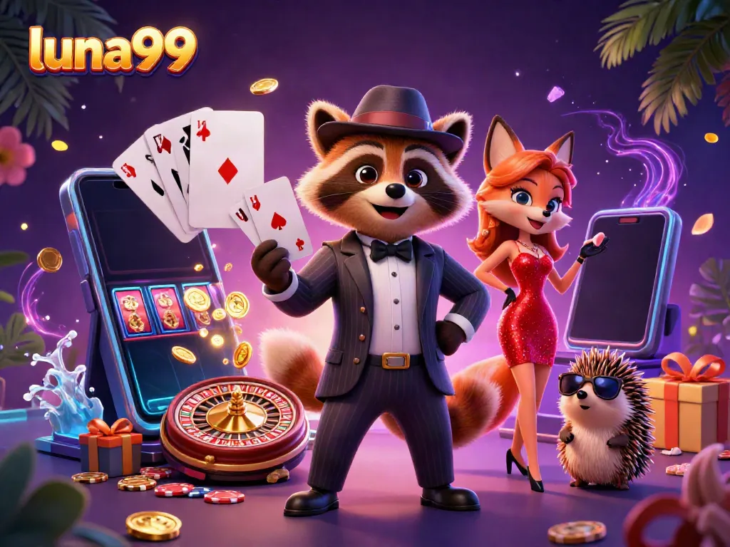 Slot permainan yang menarik di luna99 dengan kartu royal flush dan karakter kartun hidup.