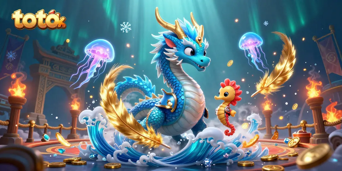 Permainan toto hk dengan naga air 3D dan kuda laut berani di arena bertarung sambil dikelilingi koin emas.
