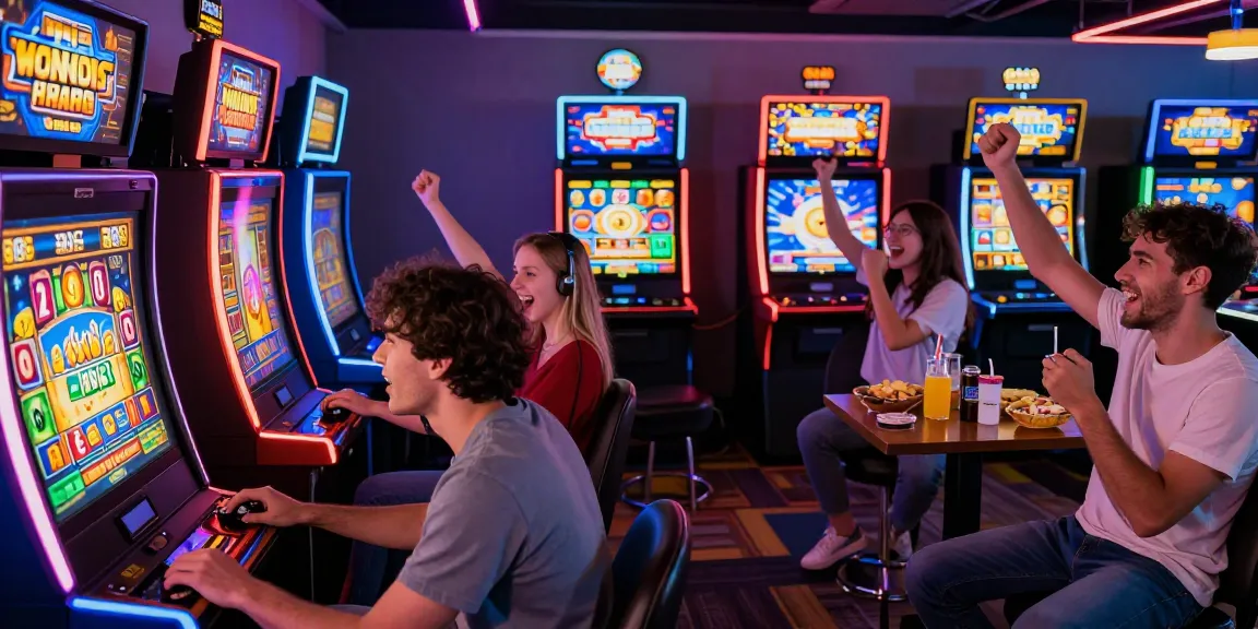 Slot depo 10k menyajikan suasana kasino yang meriah dengan teman-teman bermain mesin slot.
