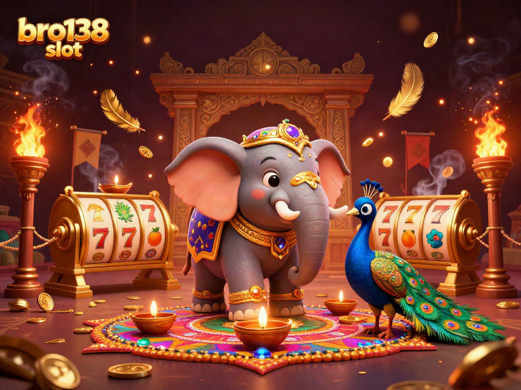 Engage with the bro138 slot featuring vibrant characters and dynamic golden elements in a casino-themed illustration.