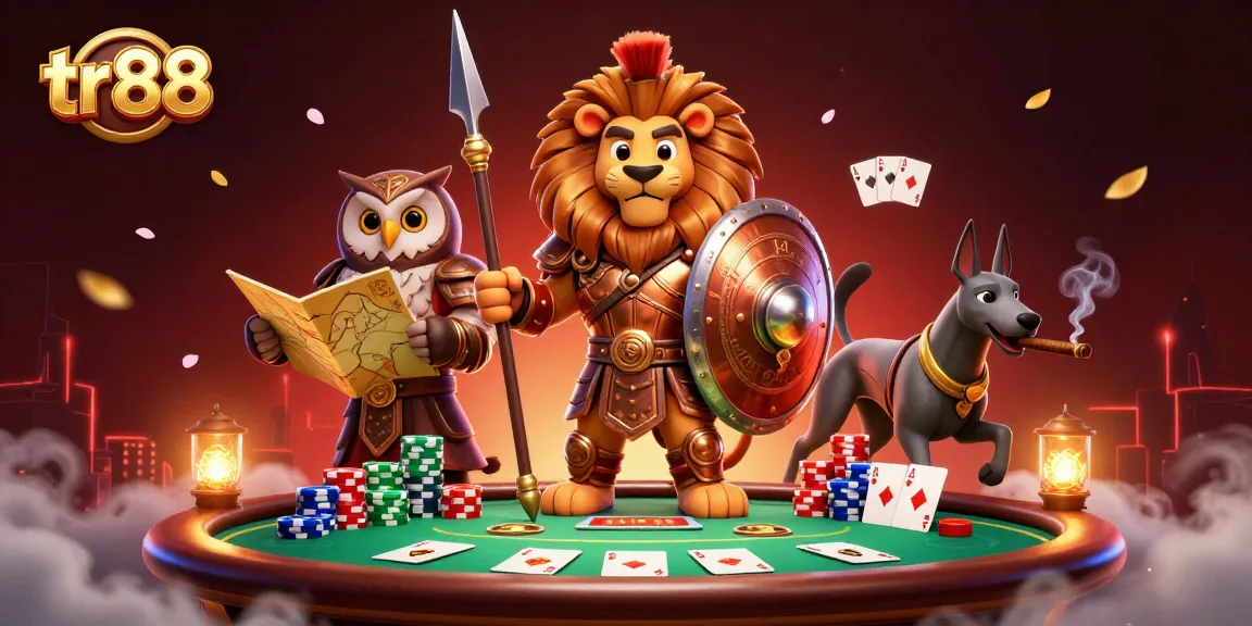 Experience the thrills of tr88 with a dynamic casino scene featuring poker elements and heroic characters.