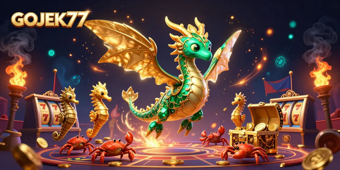 Engage with GOJEK77's exciting online slots featuring a regal sea dragon illustration with vibrant casino elements.