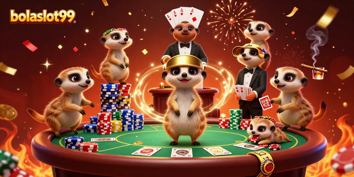 Bolaslot99 shows meerkats managing a vibrant casino with cards and poker elements