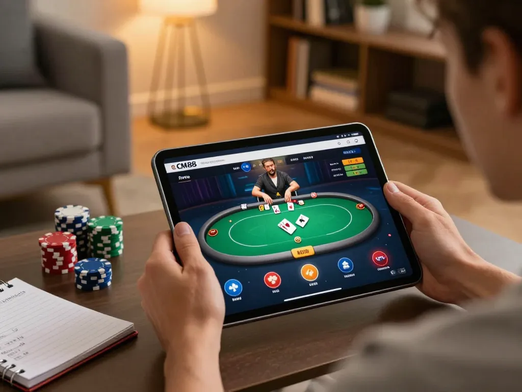 Engaging online poker gameplay on CM88 displayed on a tablet, showcasing responsible gambling in a cozy home atmosphere.