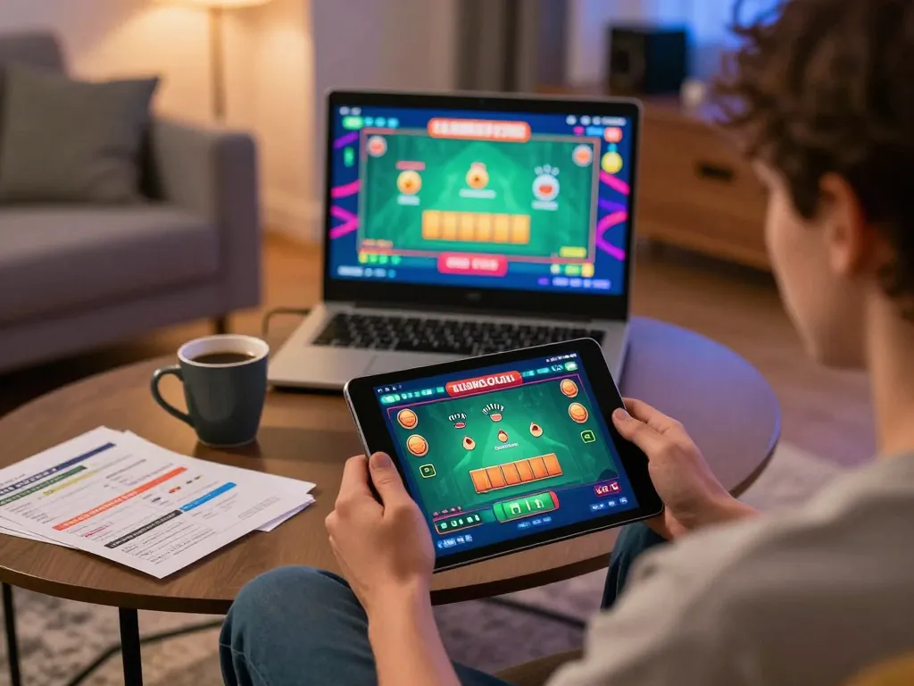 Engaging in strategic online gaming at LGOGOAL platform with a tablet and organized setup