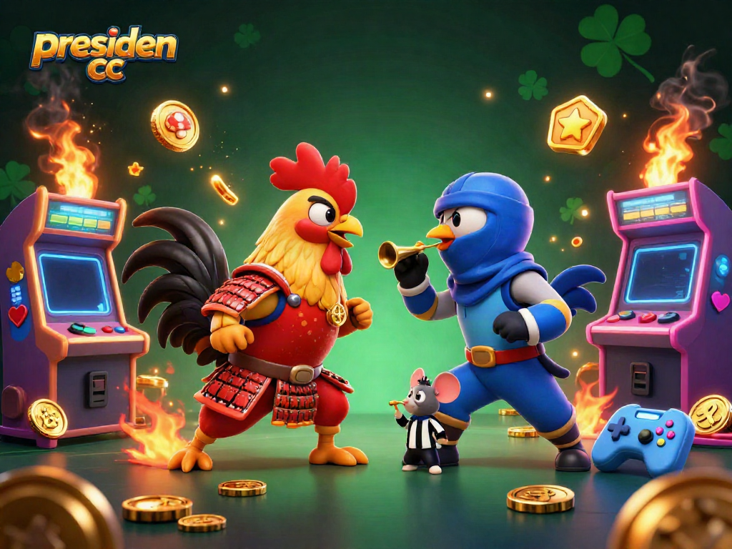Witness the thrilling duel of twin 3D roosters in a spectacular casino-themed clash with presiden cc branding.