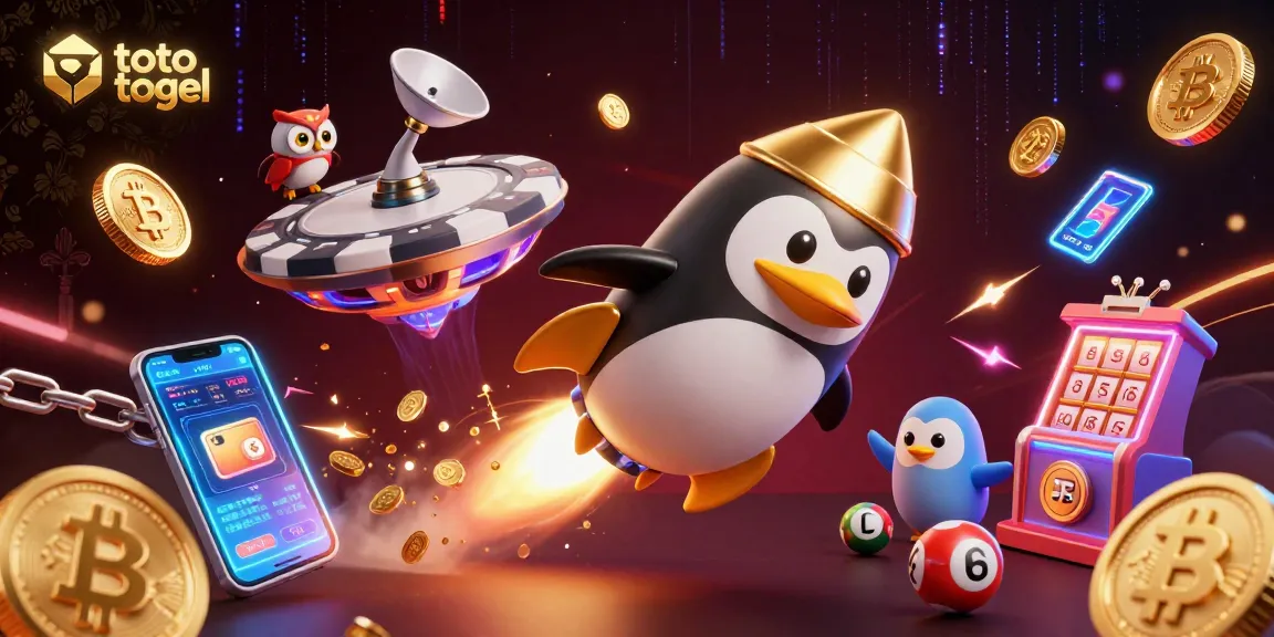 Gbr. toto togel menampilkan penguin emas bertenaga roket memecahkan langit dengan koin emas.