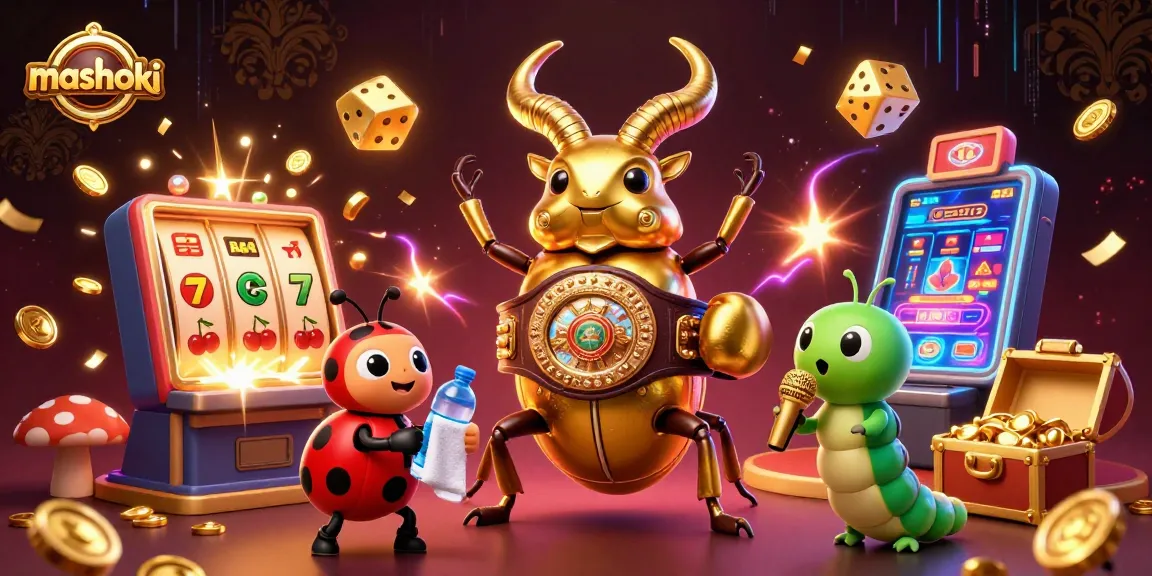 Experience mashoki's thrilling casino action with a golden stag beetle champion and vibrant slot machine scene.