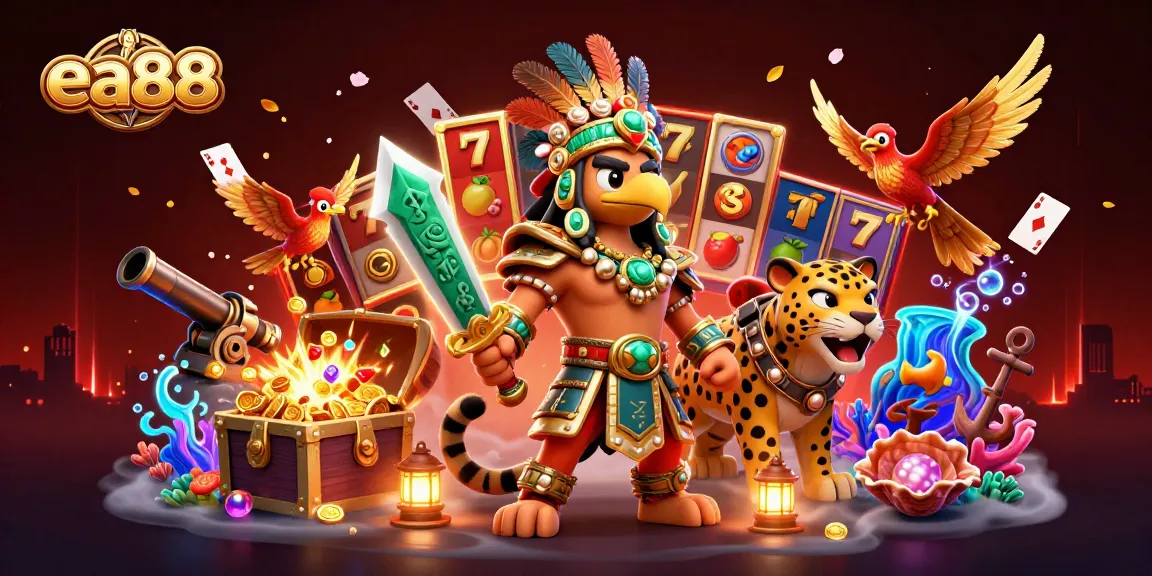 Experience the excitement of ea88 with Aztec warriors and spinning slot reels in a vibrant 3D scene.