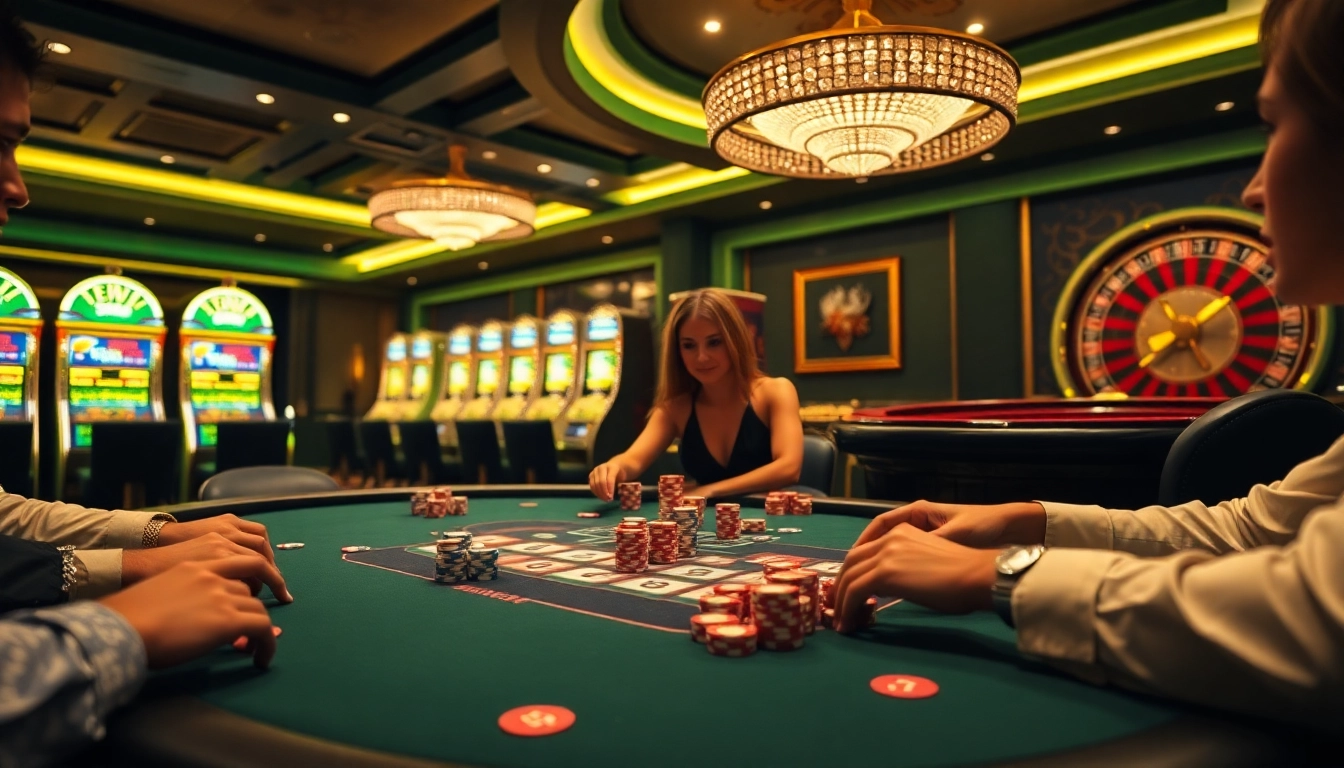 Experience thrilling gameplay action at 98WIN casino with vibrant poker tables and slot machines.