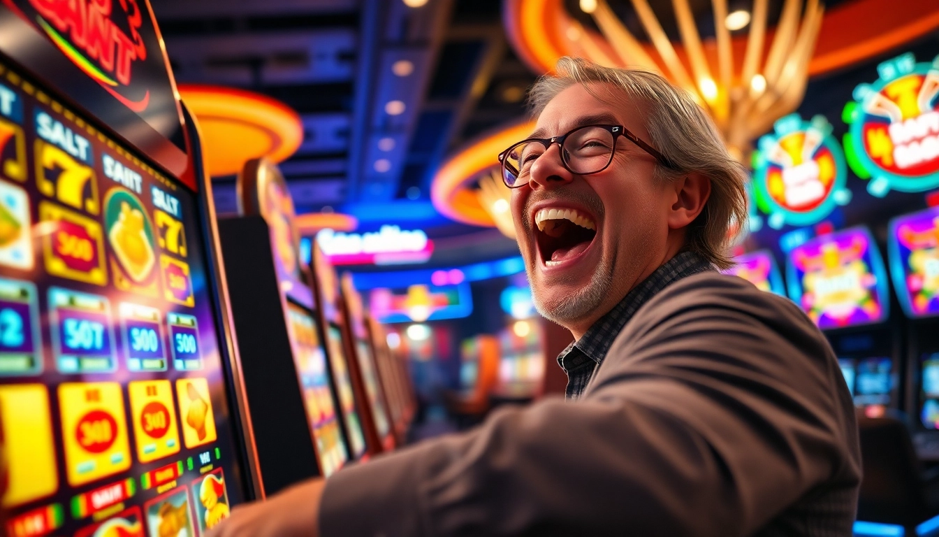 Menang besar di slot dengan suasana kasino yang meriah dan pemain yang bersemangat.