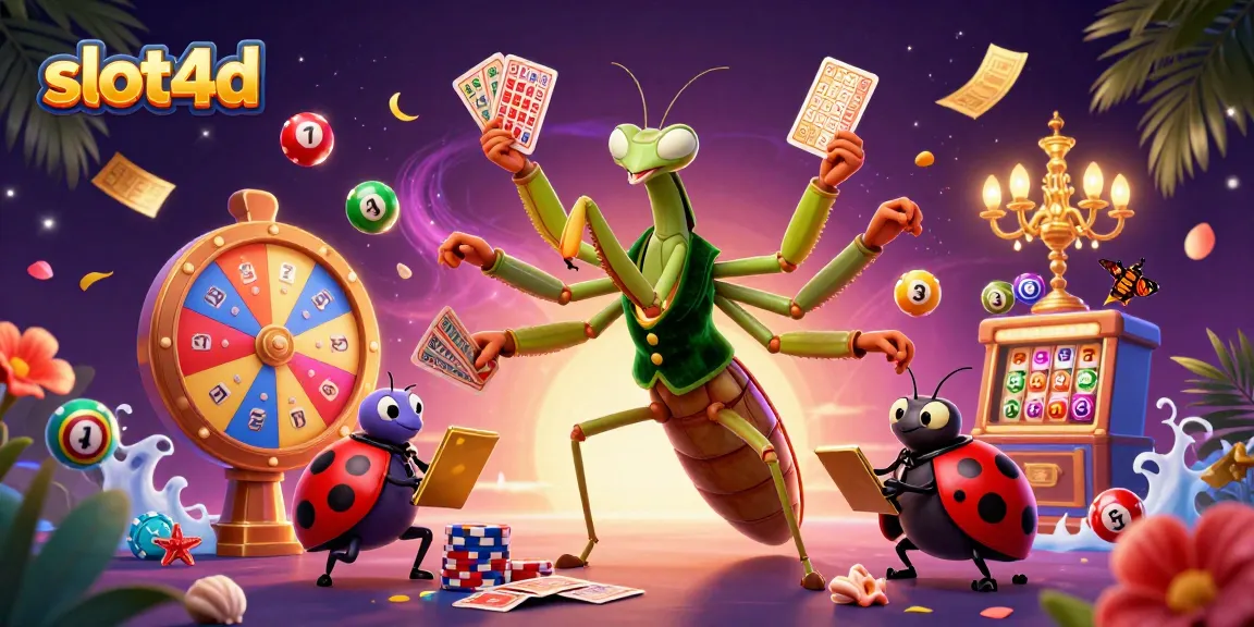Mainkan slot4d dengan kartu dan chip oleh raja kartu dan pengawas laba-laba, dikelilingi bola lotere berwarna.