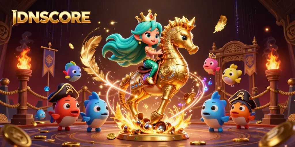 IDNSCORE's vibrant casino scene with a mermaid princess, seahorse, and pirate fish surrounded by gold coins.