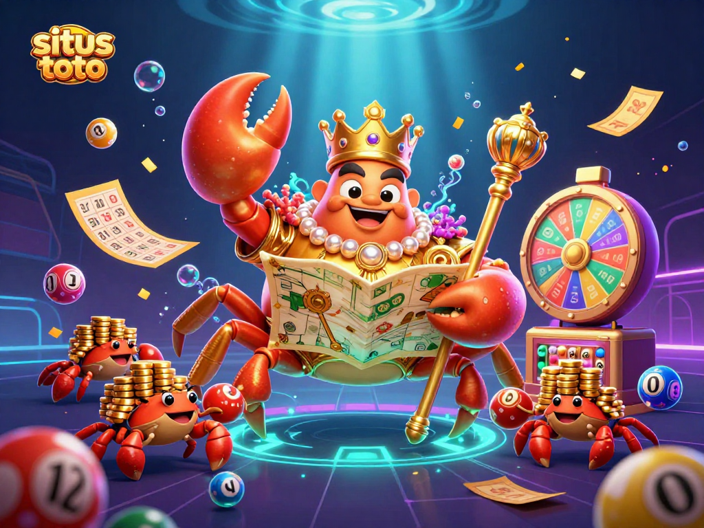 Menangkan permainan di situs toto dengan ilustrasi raja kepiting emas yang berkuasa dan bola lotere berwarna-warni.