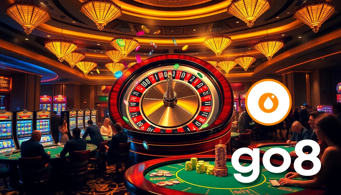 Excited players at a luxurious casino inspired by go8 poker tables and vibrant roulette wheels.