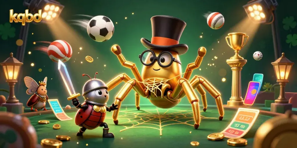 Experience kqbd with a vibrant 3D illustration of a golden tarantula weaving threads among sports elements and a heroic beetle knight.