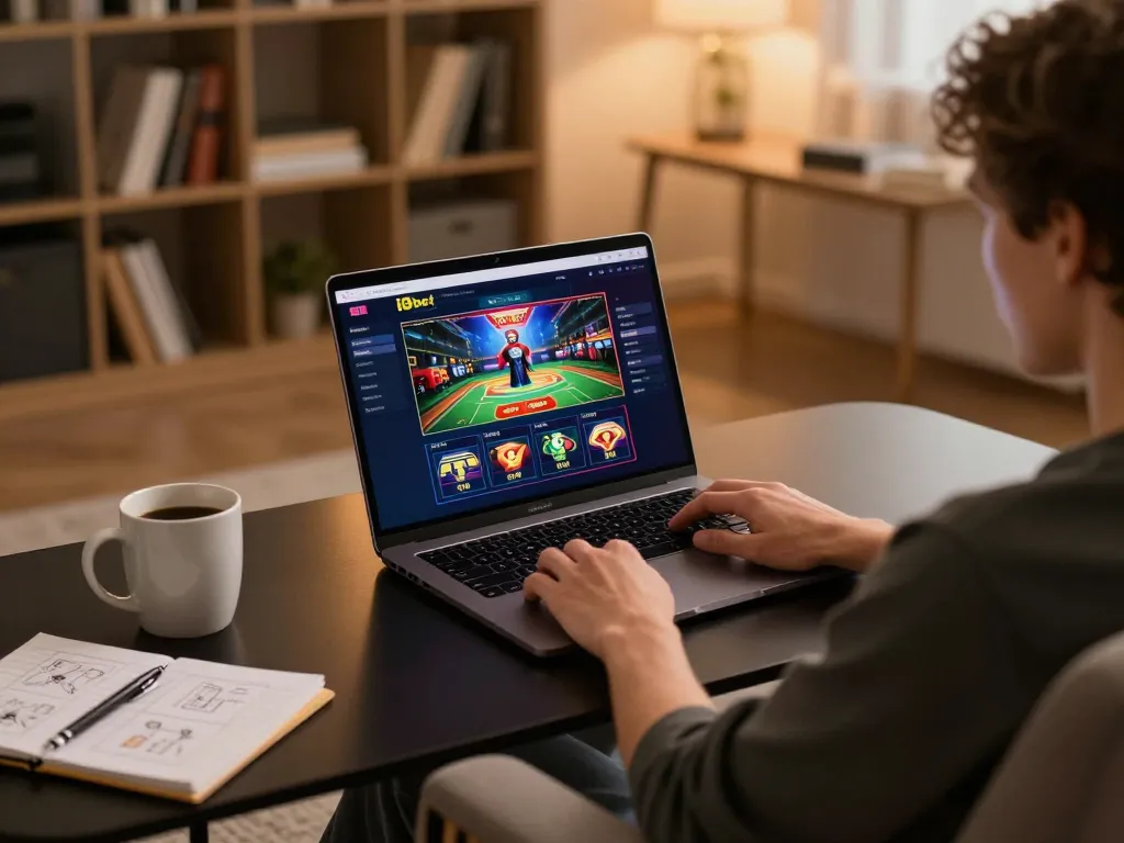 Playing i9bet online casino games in a stylish home setup with strategic notes