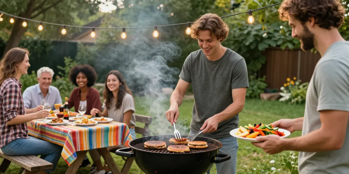 Suasana barbecue di taman dengan teman-teman menikmati makanan sambil bermain, menciptakan momen kebersamaan yang menyenangkan.