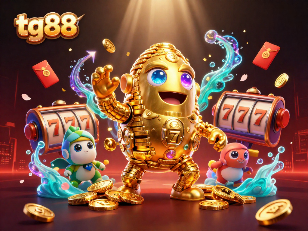 Experience thrilling slots at tg88 with a rich casino scene featuring a golden golem and dynamic elements.