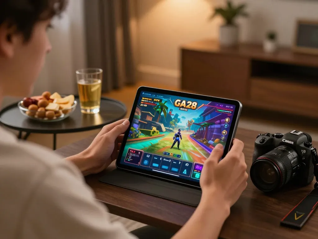 Player enjoying an online GA28 gaming experience on a tablet in a cozy home setting