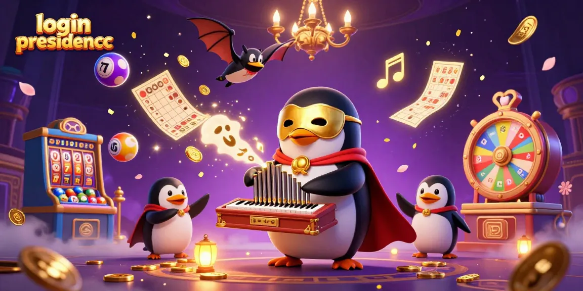 Spin to win at login presidencc with dynamic gaming energy and gold coins cascading from a playing penguin.