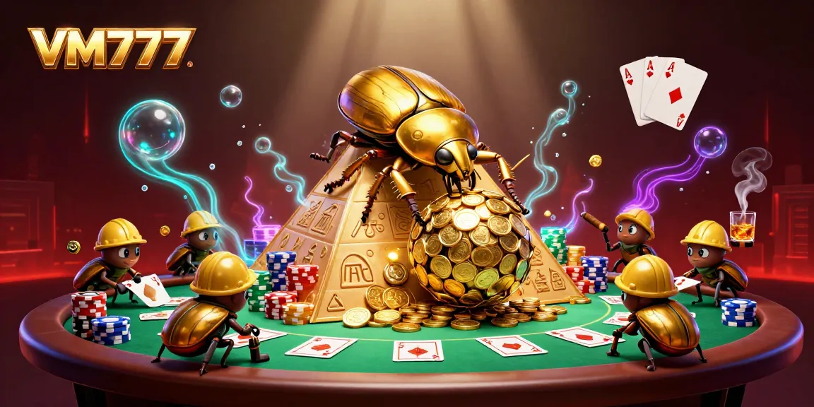 Engage with VM777's immersive gaming world, featuring a unique gold beetle and rich casino elements.