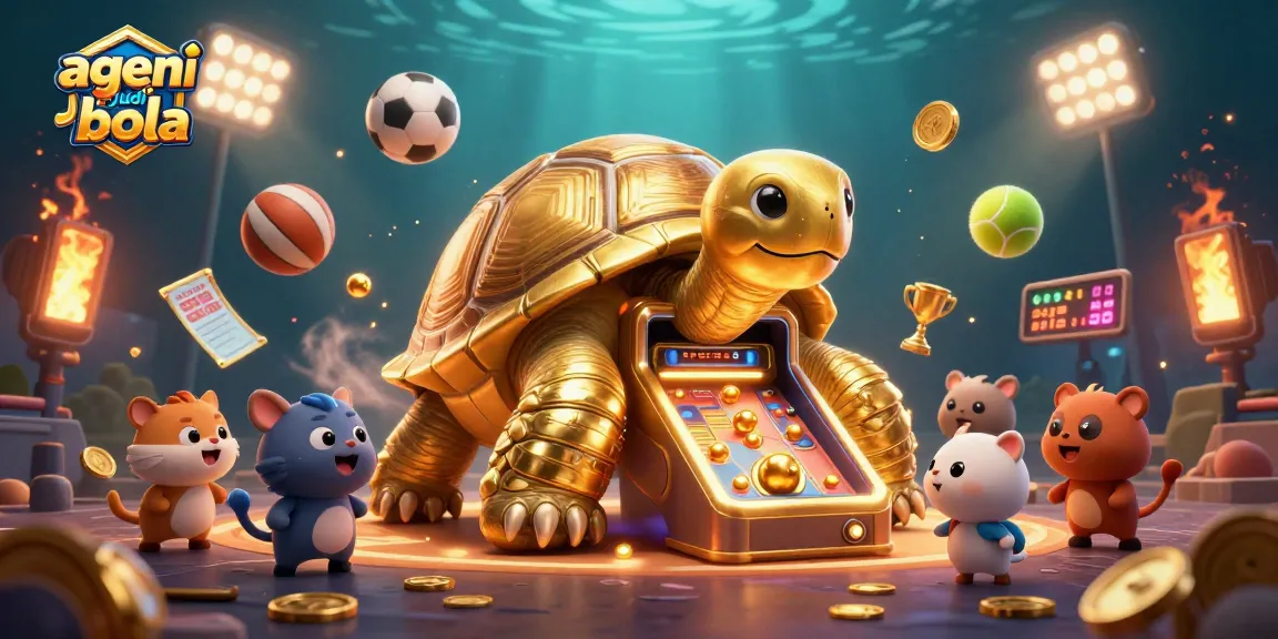 Experience thrilling sports betting with agen judi bola, a vibrant scene featuring a golden tortoise and sports elements.