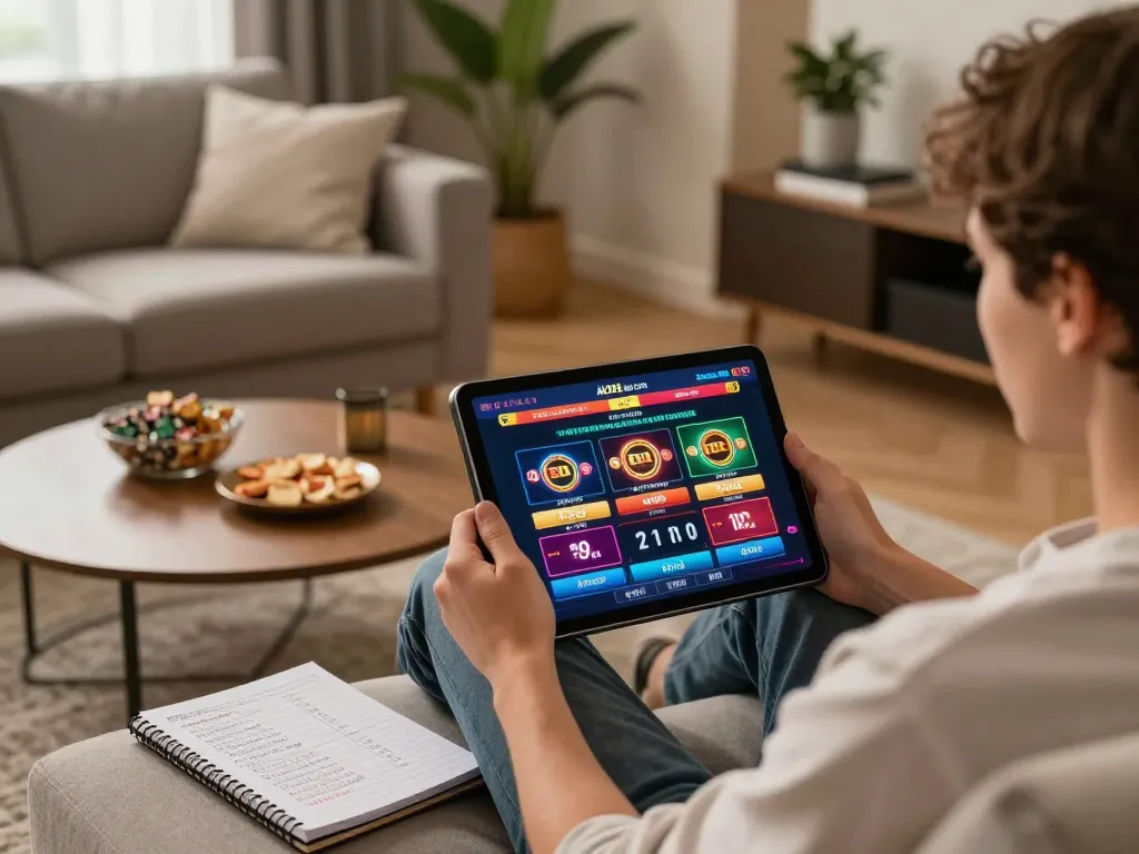 Engaging online gambling session on alo88 eu com with a cozy home setup and interactive tablet display.