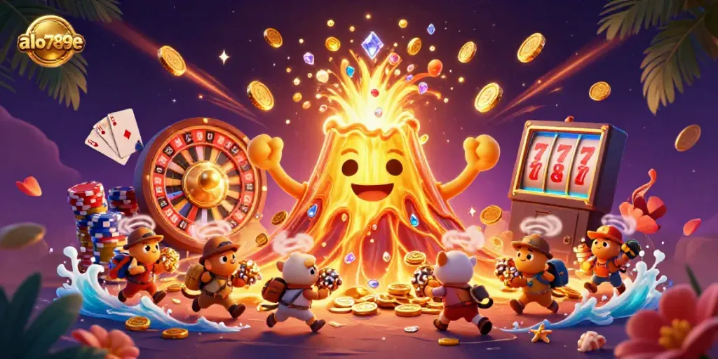 Experience the thrilling world of gambling with alo789e, featuring a golden volcano erupting coins amidst an exciting casino scene.