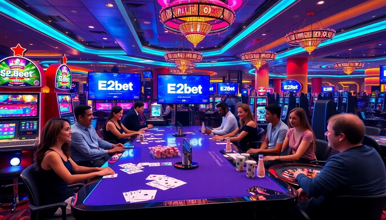 E2bet players enjoying vibrant casino games with roulette and poker tables.