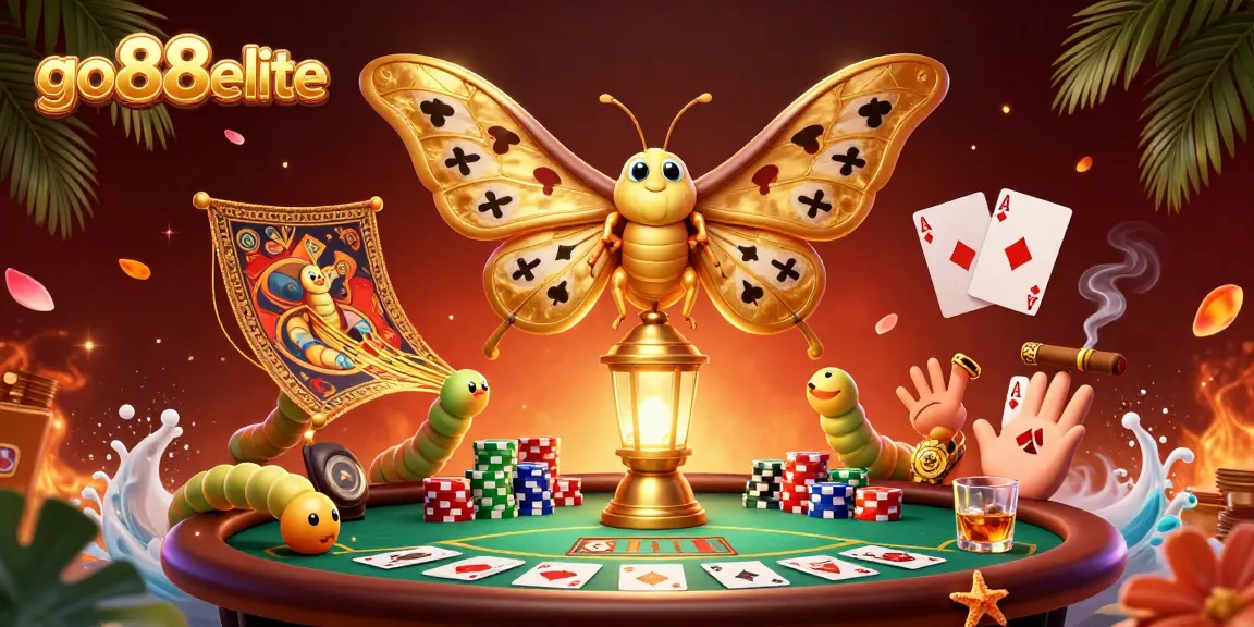 Engage with go88elite showcasing a vibrant casino scene with a moth and colorful poker chips.