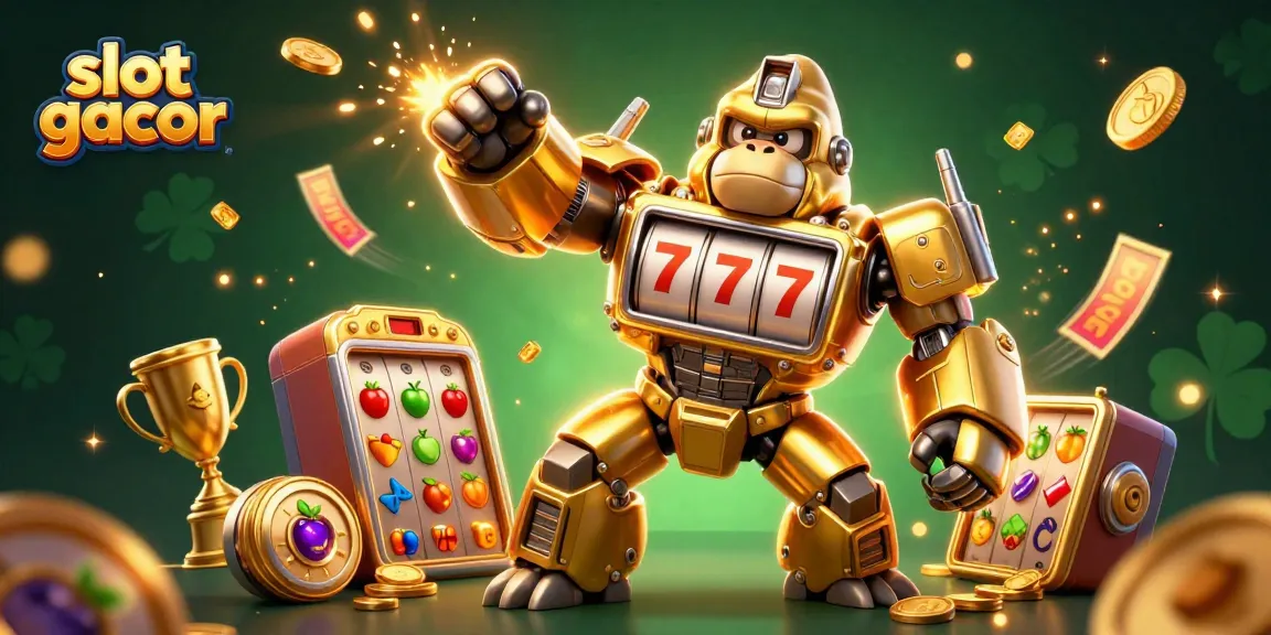 Experience thrilling wins with slot gacor featuring a golden gorilla mech and vibrant game elements.