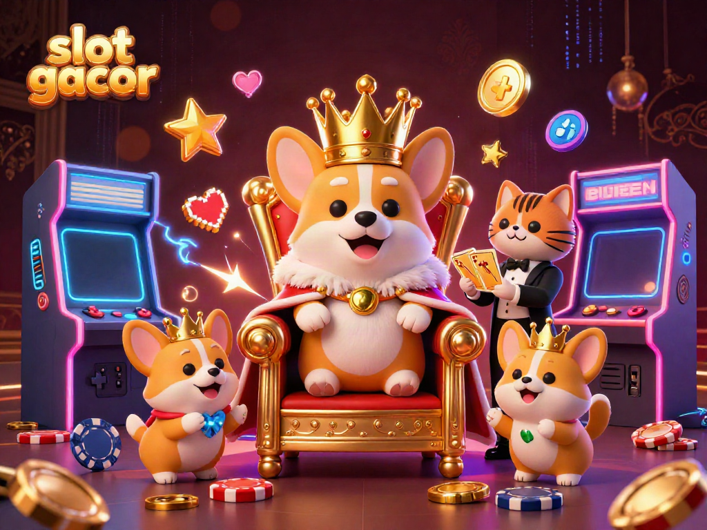 Slot gacor dengan karakter kartun 3D, dikelilingi mesin arcade berwarna-warni.