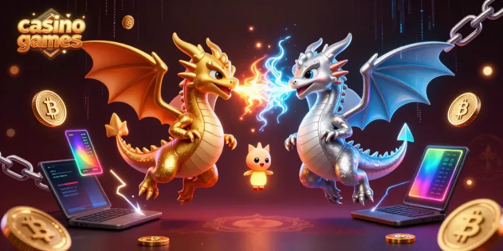 Engage with thrilling casino games in a vibrant 3D scene of dragons, crypto elements, and neon visuals.