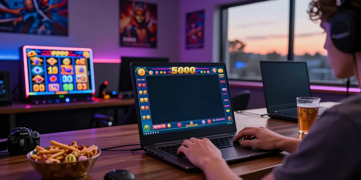 Gamer bermain OMTOGEL dengan antusias di laptop, menampilkan tema slot 5000 gacor.
