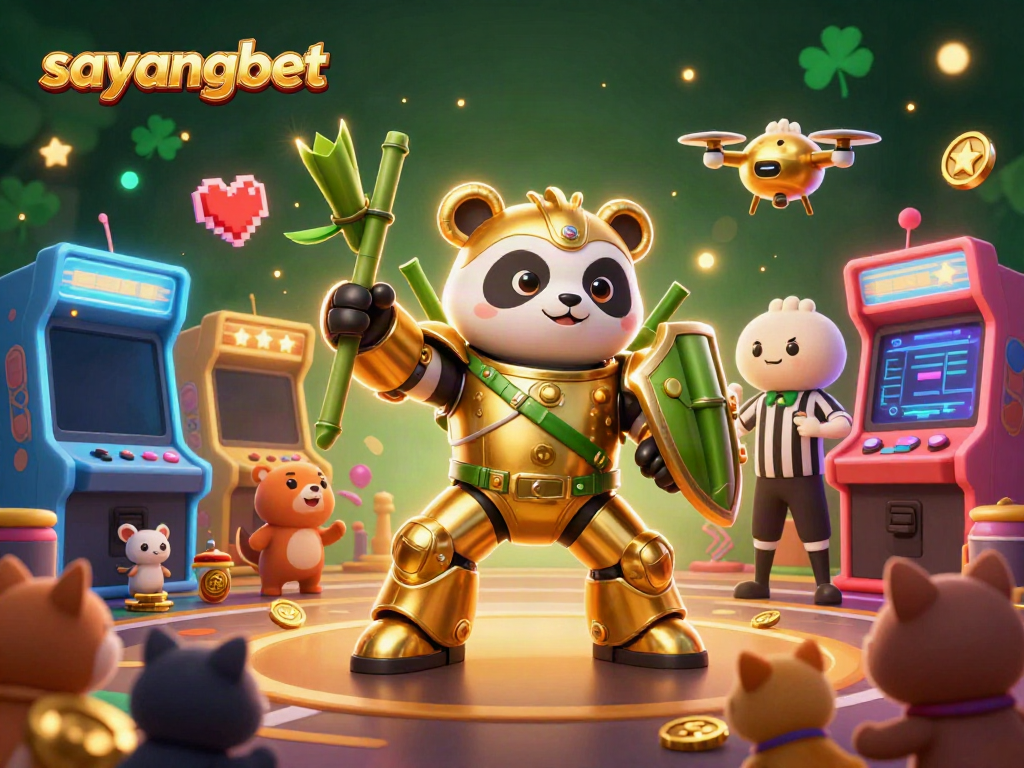 Experience the excitement of sayangbet with a dynamic 3D illustration featuring energetic characters and arcade elements.