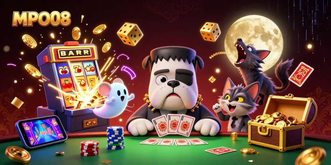 Experience thrilling moments with MPO08 as a card-dealing bulldog entertains at a vibrant casino table.