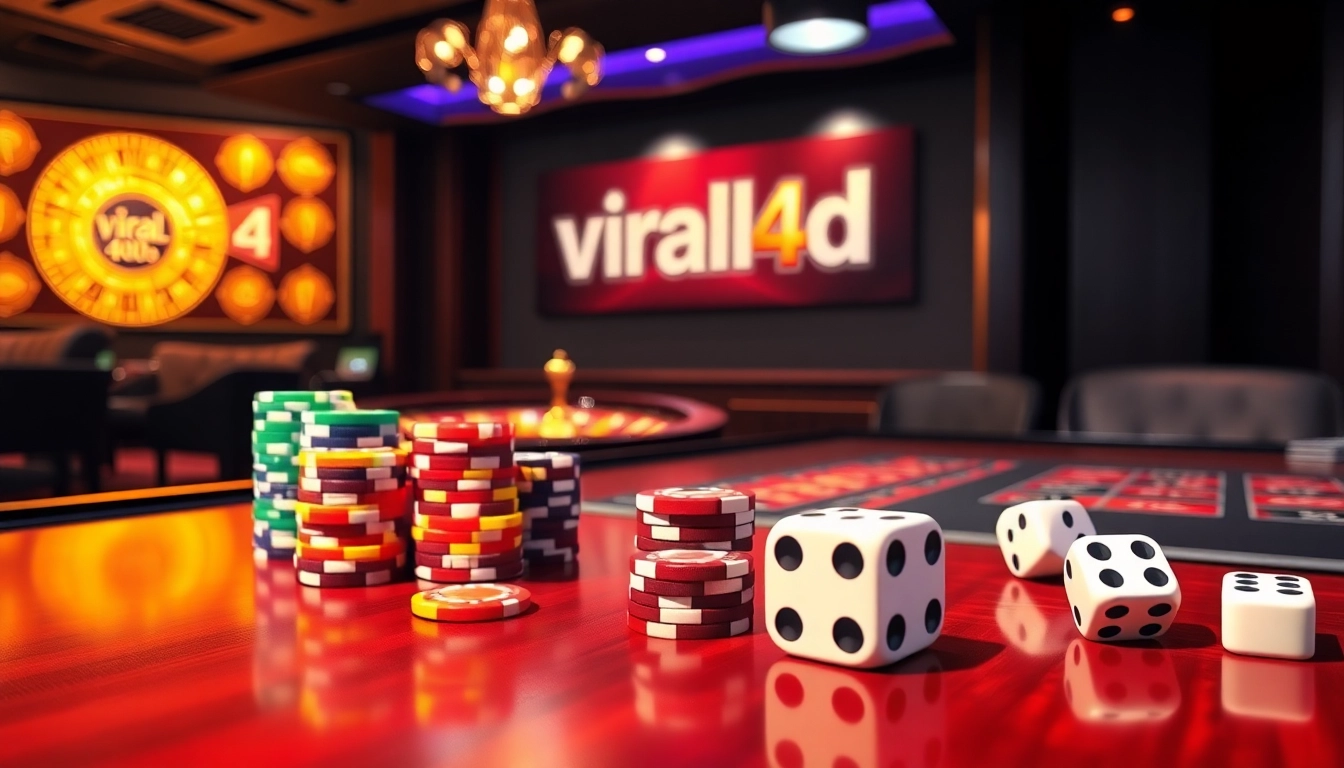 Experience the thrill of poker chips and roulette table in a vibrant viral4d casino setting.