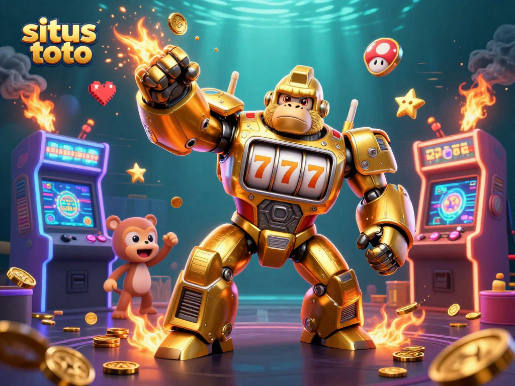 Ilustrasi 3D situs toto menampilkan gorila emas transformer dengan elemen mesin slot dan koin berhamburan.