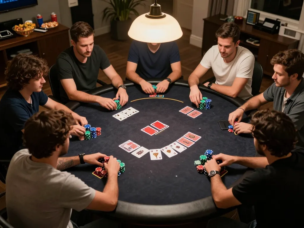 MPO08 players strategizing in an exciting home poker tournament setting with colorful chips and cards.