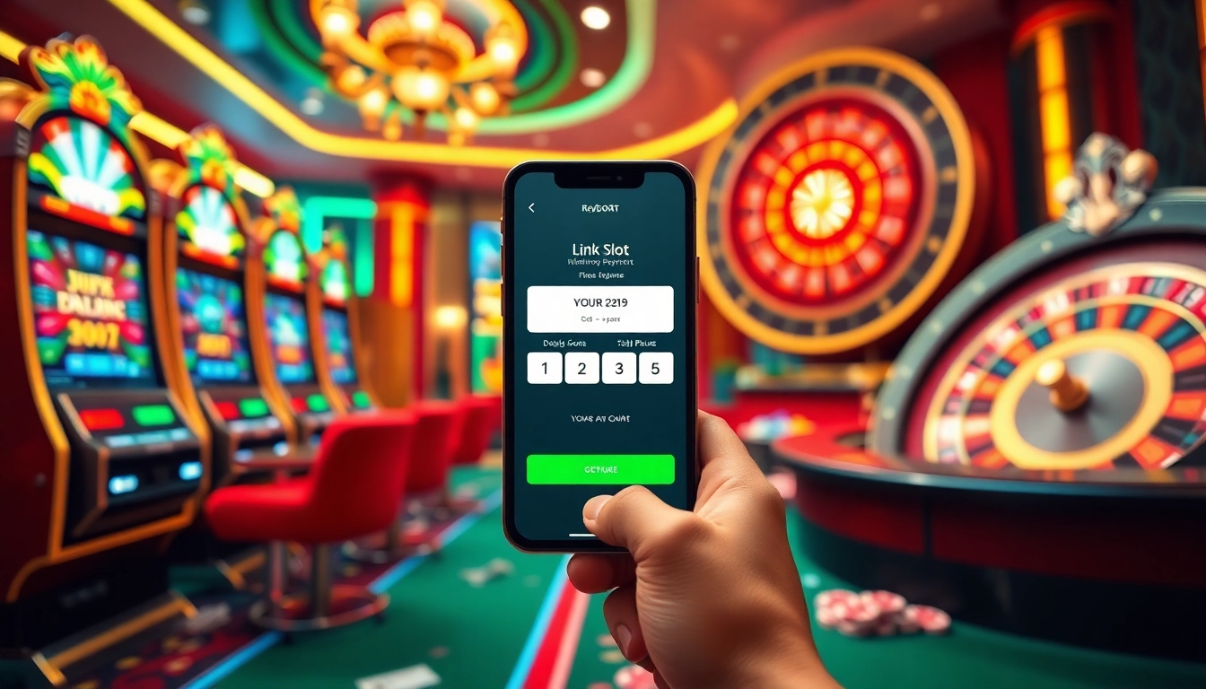 Experience the excitement of link slot pulsa with vibrant visuals of a virtual casino, featuring slots and poker chips.