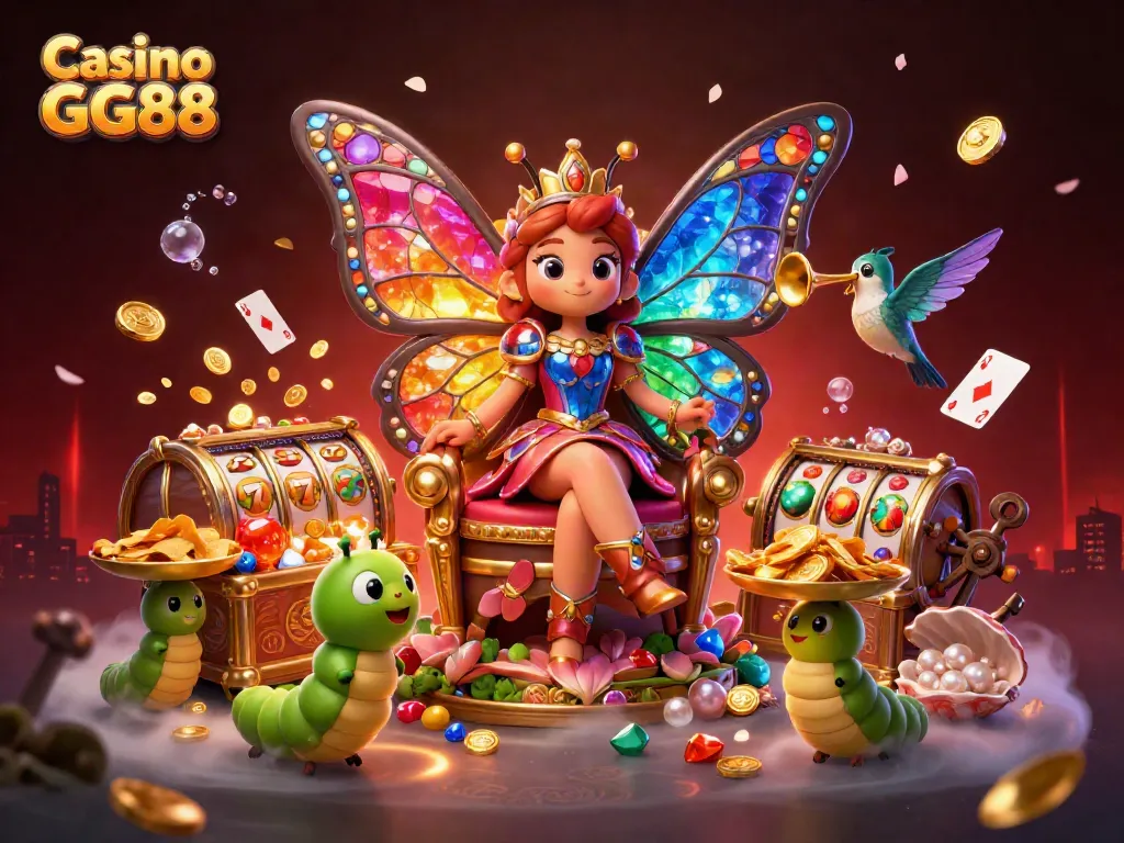 Experience thrilling gameplay at Casino GG88 with an enchanting butterfly queen amid rich casino elements.