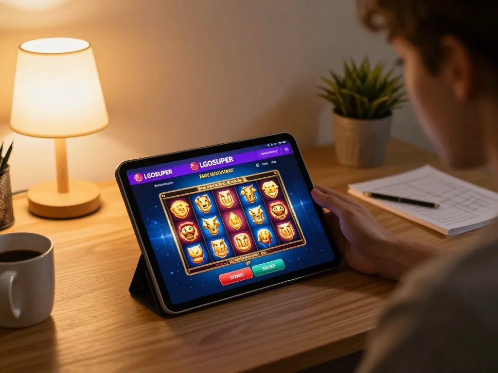Engage with LGOSUPER's slot games on a tablet in a cozy home office with coffee and strategy notes.