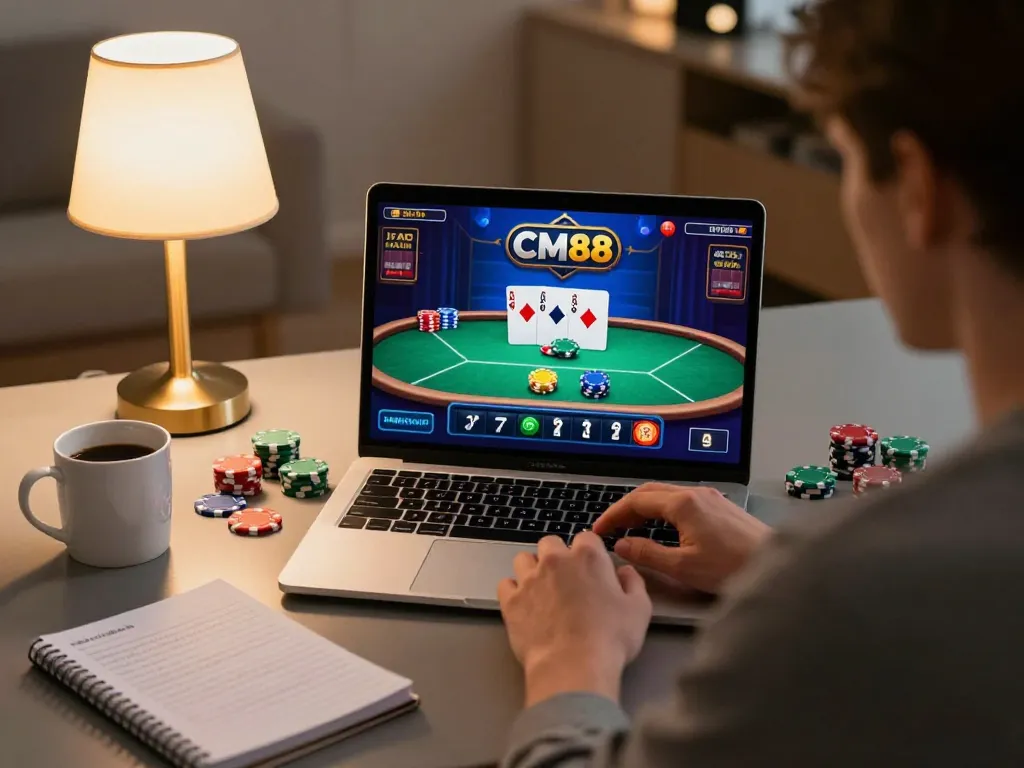 Engaging player immersed in poker gameplay at CM88, showcasing dynamic online gaming environment