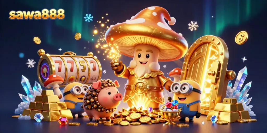 Play thrilling games with sawa888 featuring golden mushrooms, treasures, and vibrant casino symbols.
