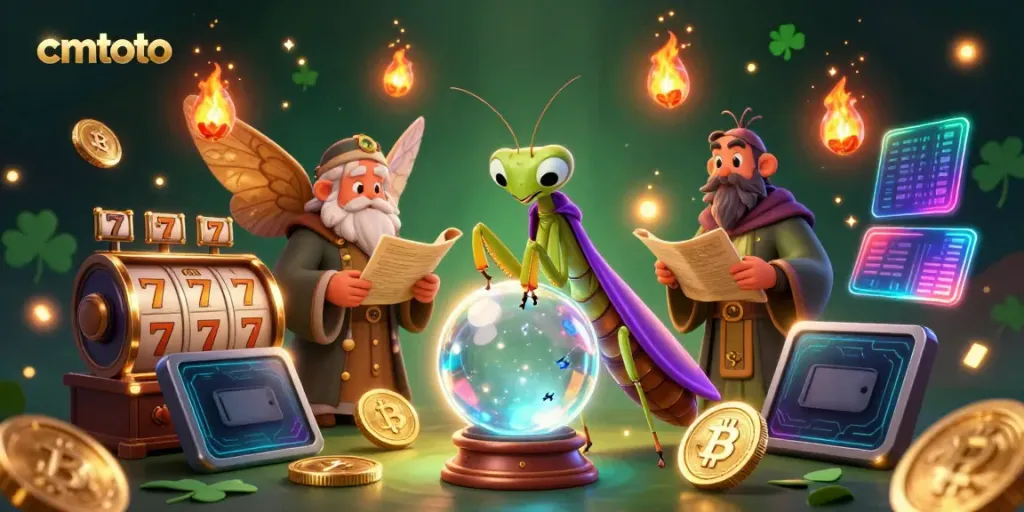 Menggulung gulungan slot di CMTOTO dengan keberuntungan dikelilingi karakter mistis.
