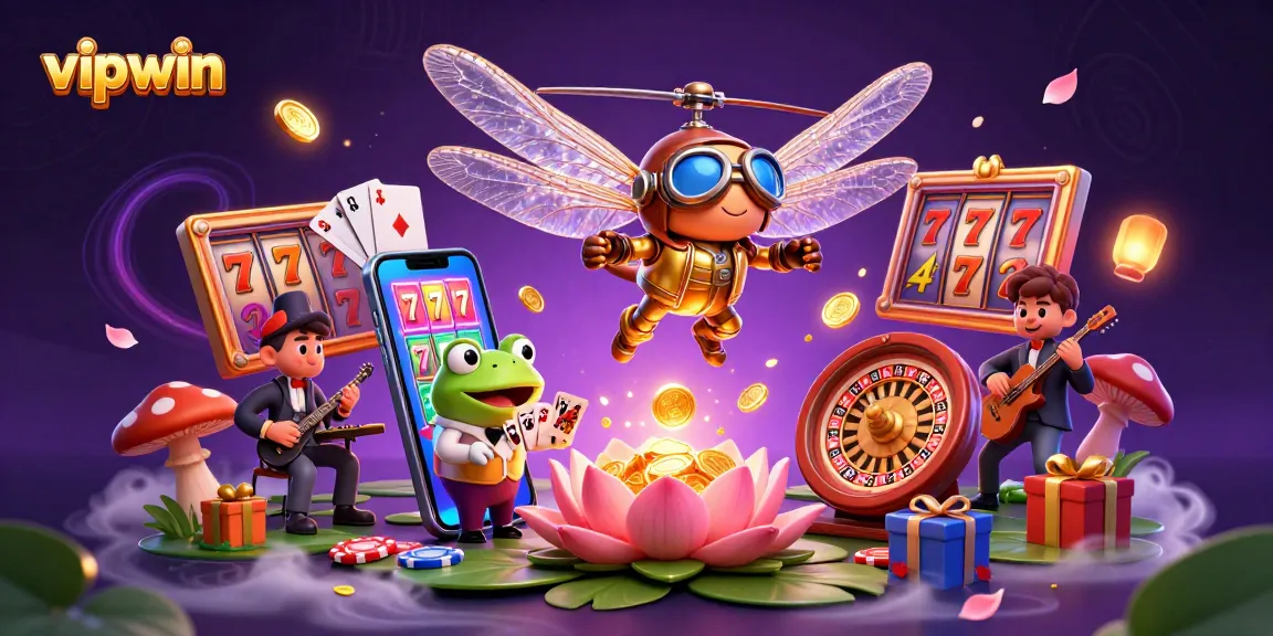 Experience vipwin action with a vibrant 3D scene featuring a dragonfly pilot and animated casino elements.
