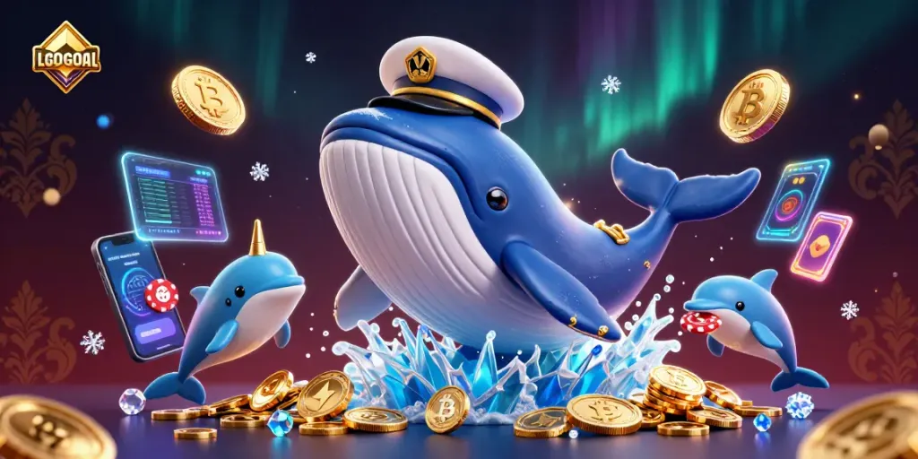 Experience the dynamic gaming world of LGOGOAL with a whimsical whale, narwhal, and dolphins amidst crypto coins.