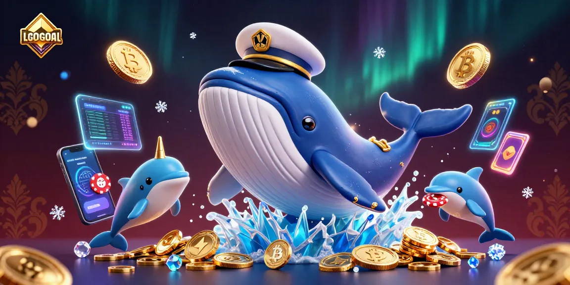 Experience the dynamic gaming world of LGOGOAL with a whimsical whale, narwhal, and dolphins amidst crypto coins.